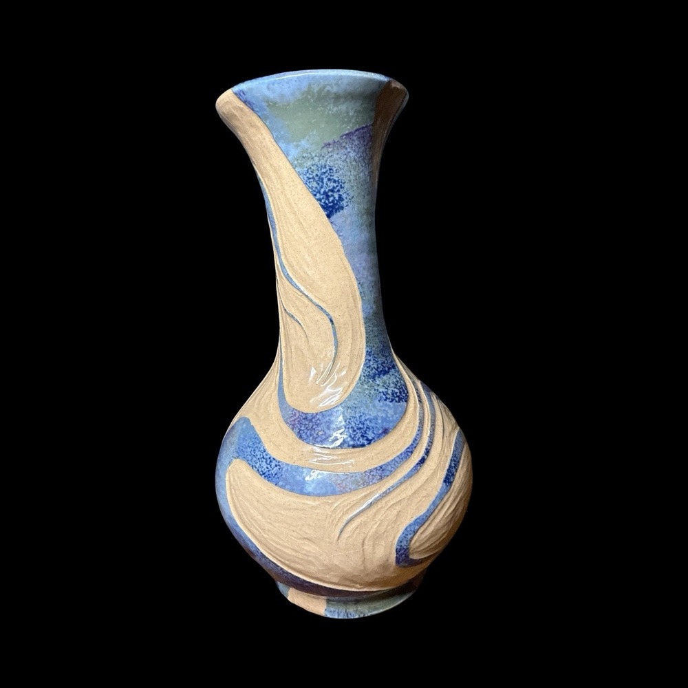 VTG  Jamaica Wassi Art Vase Carved Rare Pottery 9 Inches Blue/Tan Abstract‎ 2001